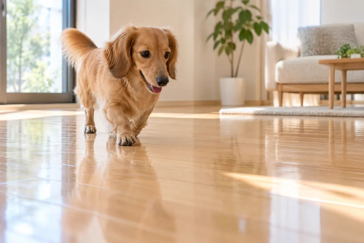 艶のあるフローリングを歩く犬